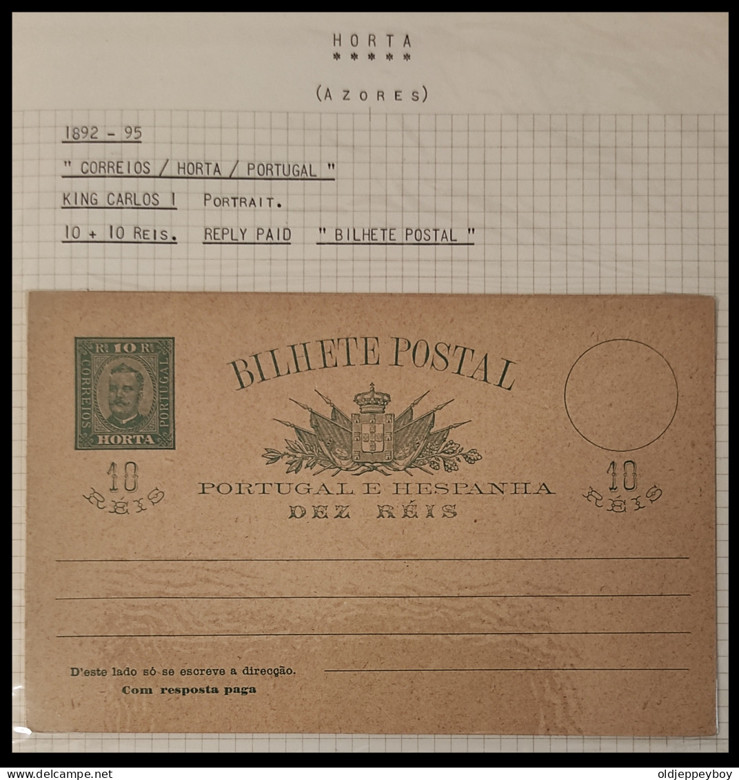 PORTUGAL AZORES AÇORES HORTA 1892 - 1895 KING CARLOS I 10 + 10 REIS REPLY PAID  MNH** BILHETE POSTAL POSTAL STATIONERY  - Horta