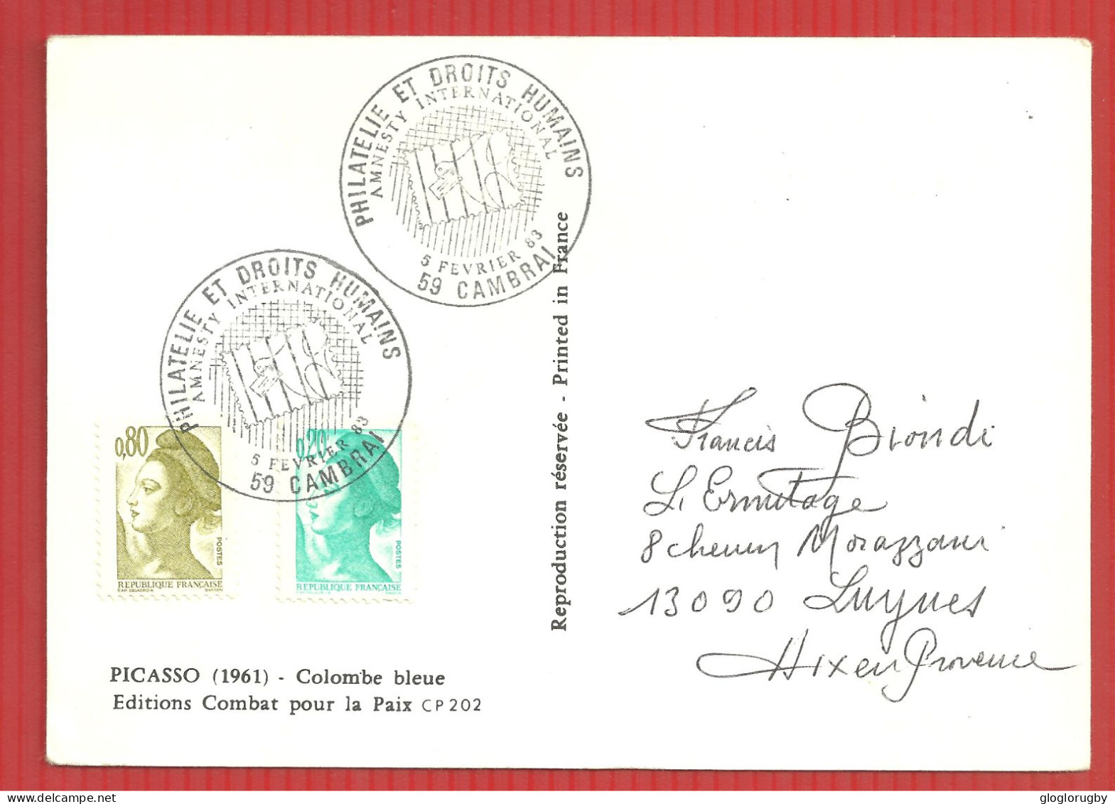 FDC PICASSO COLOMBE DE LA PAIX EUROPA CAMBRAI 5 2 1983 - Picasso