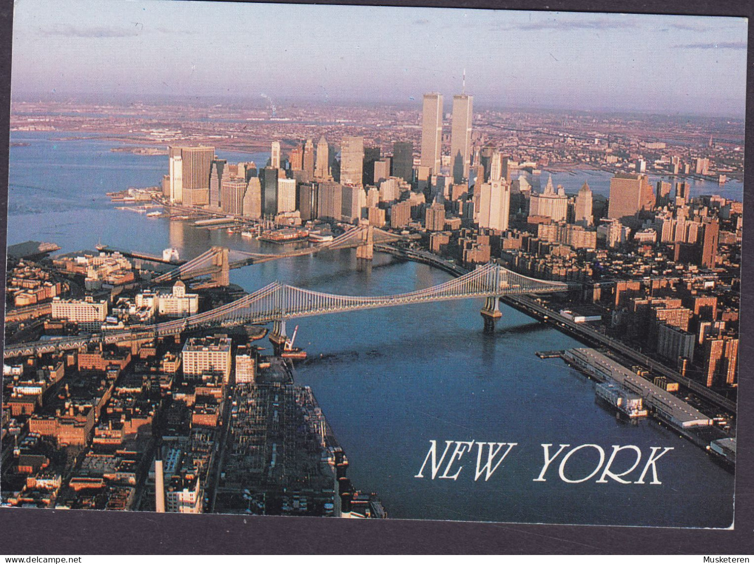 United States PPC Exotic Lower New York Aerial View Showing Manhattan And Brooklyn Bridges Spanning East River (2 Scans) - Manhattan