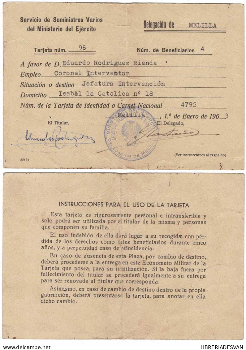 Antigua Tarjeta De Servicio De Suministros Varios Del Ministerio Del Ejército, Melilla 1963 - Malte