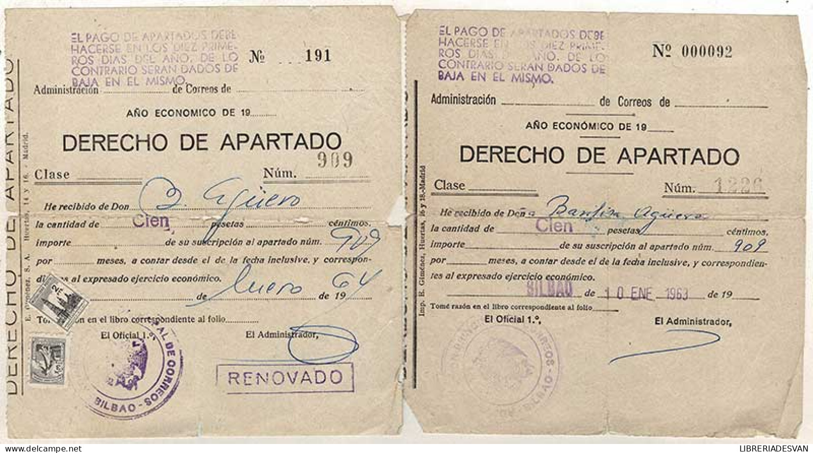 Dos Recibos Derecho De Apartado, Bilbao 1963, 1964. Uno Con Viñetas - Malta