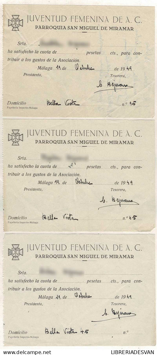 Tres Recibos Juventud Femenina De Acción Católica. Parroquia San Miguel De Miramar, Málaga, 1949 - Malta
