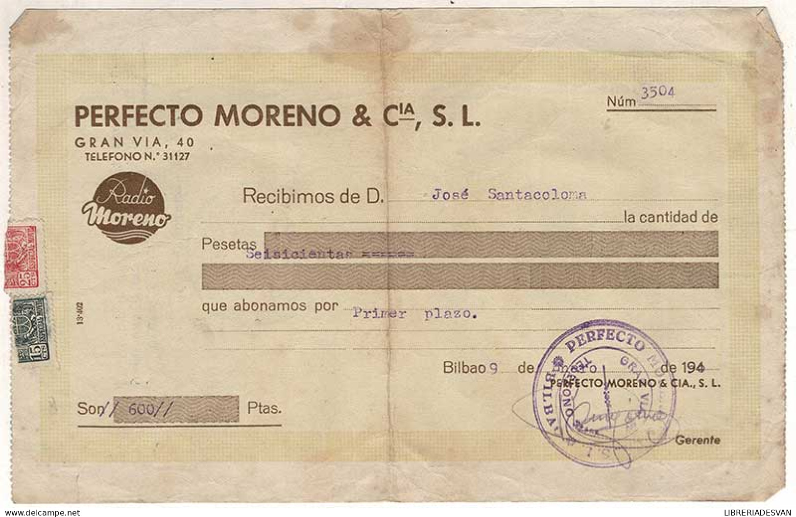 Recibo Primer Plazo Perfecto Moreno, Bilbao 1950 - Malta