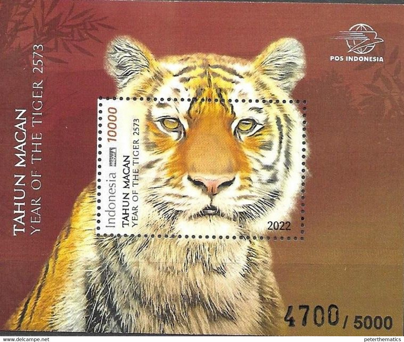 INDONESIA, 2022, MNH,TIGERS, YEAR OF THE TIGER, S/SHEET - Chinese New Year