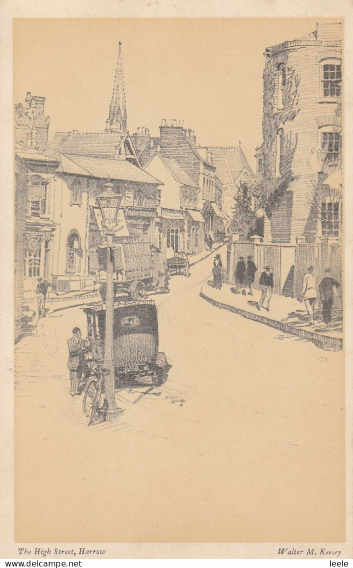 CB68. Vintage Postcard. Harrow. By Walter M Keesey. The High Street. - London Suburbs