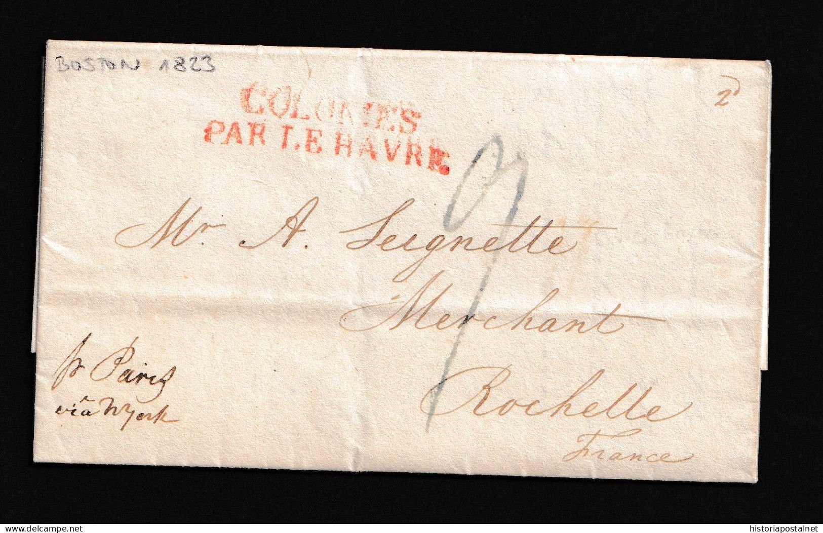 1823 (20 MAY) BOSTON A La Rochelle (Francia) Marca “COLONIES/ PAR LE HAVRE” En Rojo. Porteo Mns. ”9” Décimas. Al Dorso.. - …-1845 Vorphilatelie