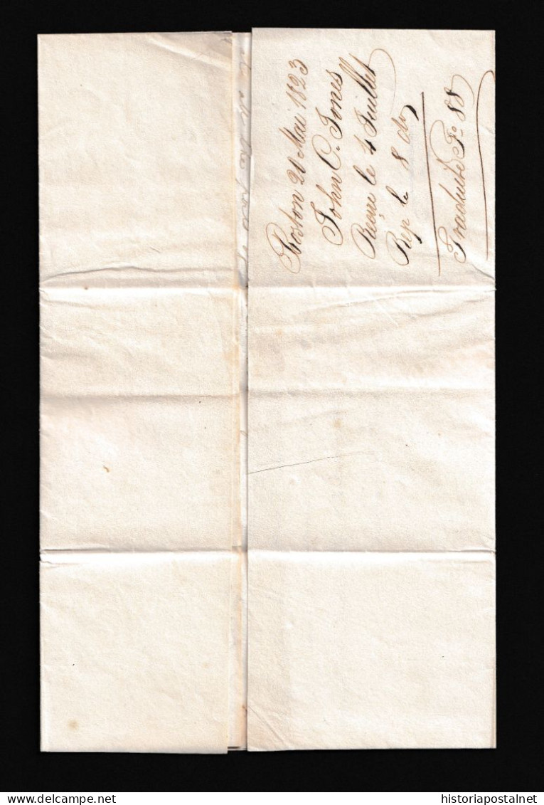 1823 (20 MAY) BOSTON A La Rochelle (Francia) Marca “COLONIES/ PAR LE HAVRE” En Rojo. Porteo Mns. ”9” Décimas. Al Dorso.. - …-1845 Prefilatelia