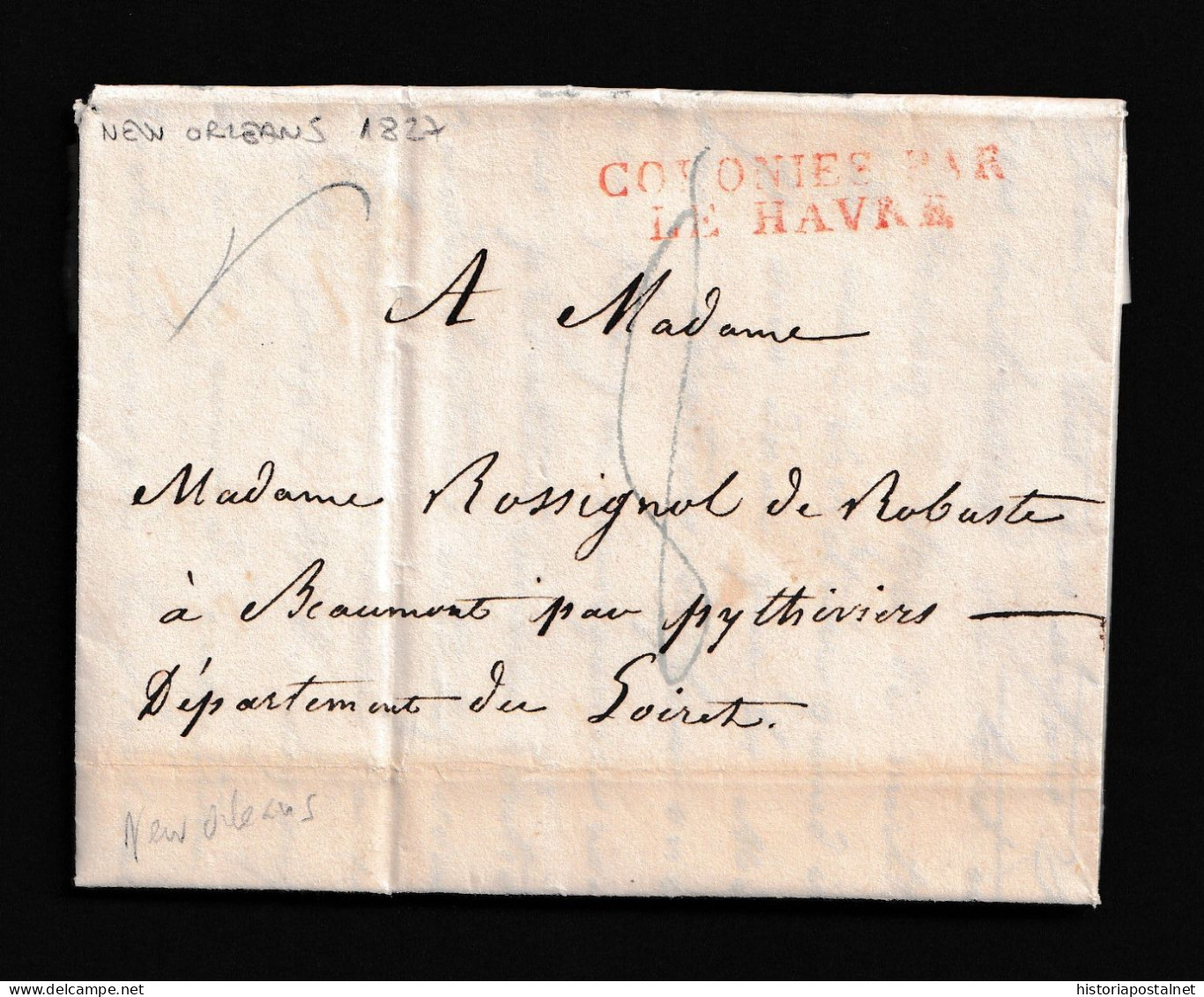 1827 (4 MAR) NUEVA ORLEANS A Beaumont (Francia) Marca “COLONIES/ PAR LE HAVRE” En Rojo. Porteo Mns. ”8” Décimas. - …-1845 Prefilatelia