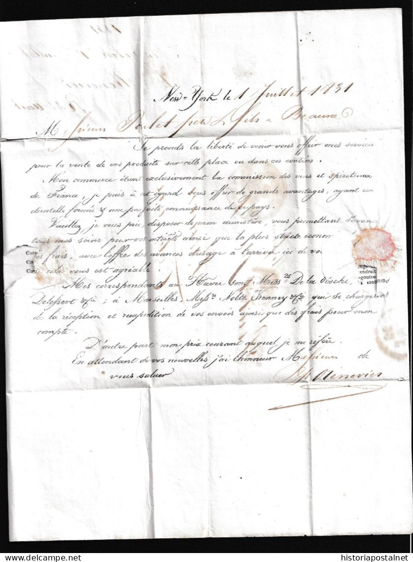1831 (30 JUN) NUEVA YORK A Beaune (Francia) Marca “PAYS D’OUTREMER” Y Fechador De “LE HAVRE”, Ambas En Negro. Porteo Mns - …-1845 Préphilatélie