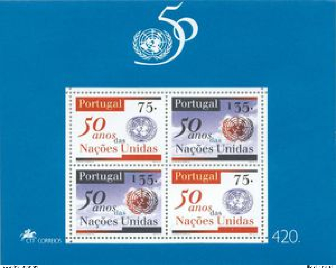 Portugal - 109-HB - 1995 50º Aniv. De La ONU Hojita Bloque 4 Sellos 2 Nº 2054+ - Autres & Non Classés