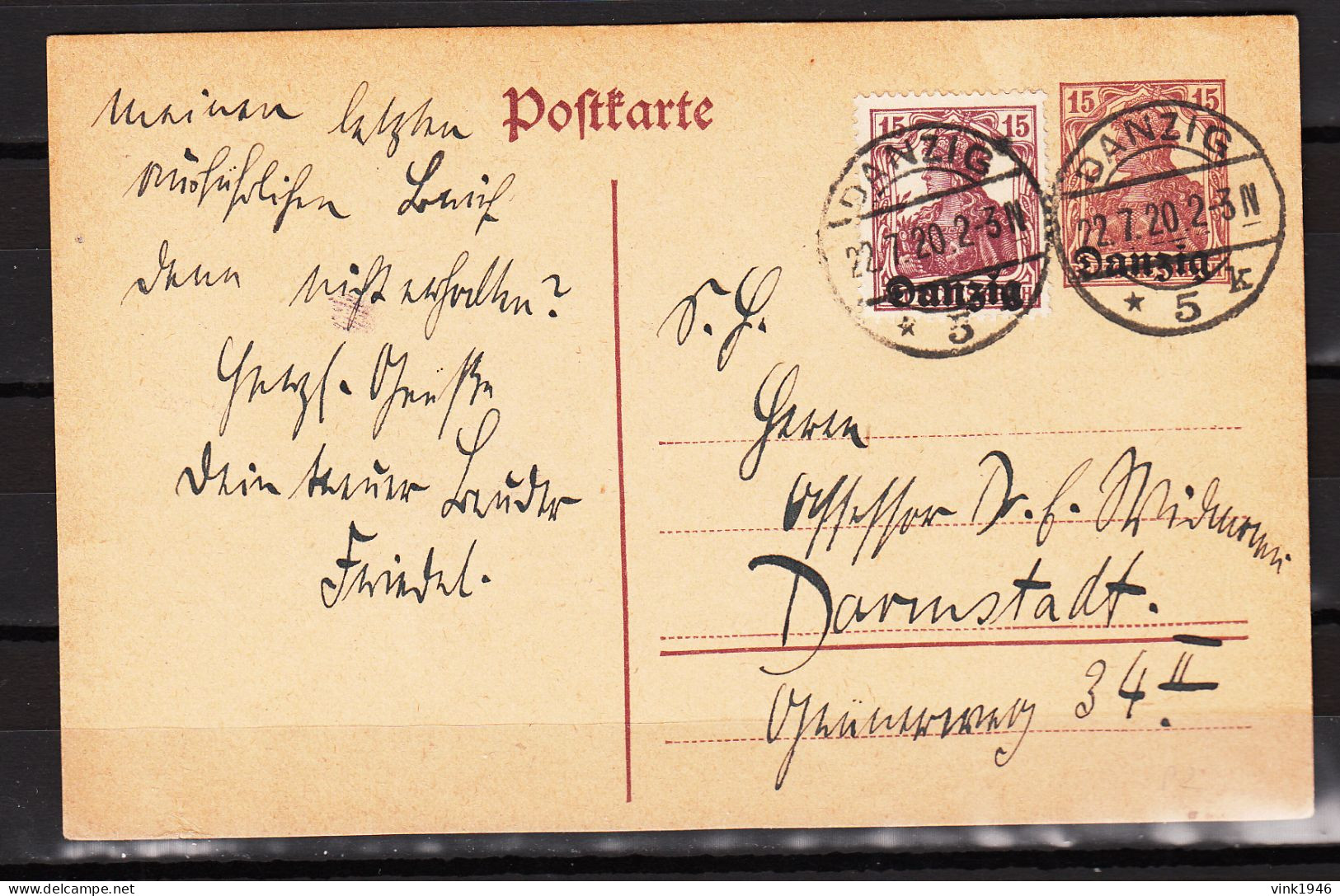 DANZIG 1920,Postkarte.15 Pf. Germania + 15 Pf Germania Gestempelt DANZIG 22.7.20.(D3763) - Interi Postali