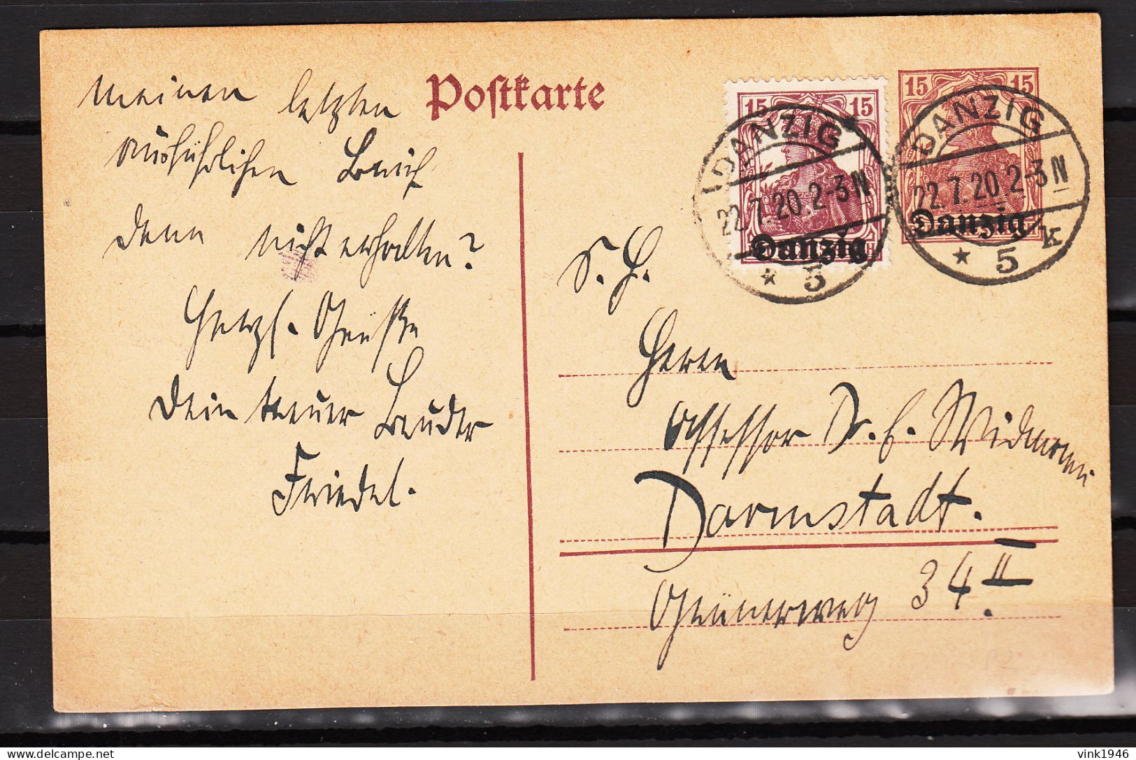DANZIG 1920,Postkarte.15 Pf. Germania + 15 Pf Germania Gestempelt DANZIG 22.7.20.(D3763) - Postwaardestukken