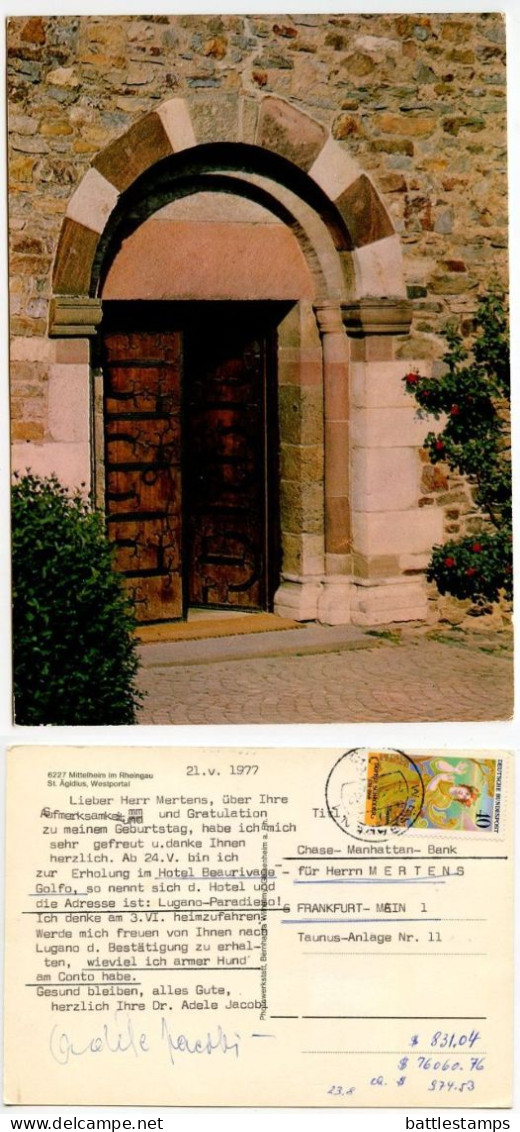 Germany, West 1977 Postcard Mittelheim Im Rheingau - St. Ägidius, Westportal; 40pf. German Actress Sophie Schroder Stamp - Rheingau