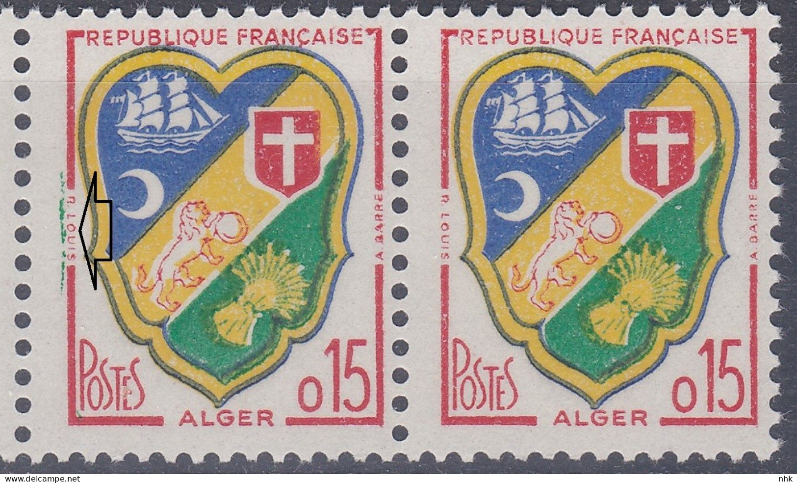 18158 Variété : N° 1232 Blason Alger Trainée Verte Tenant à Normal  ** - Unused Stamps