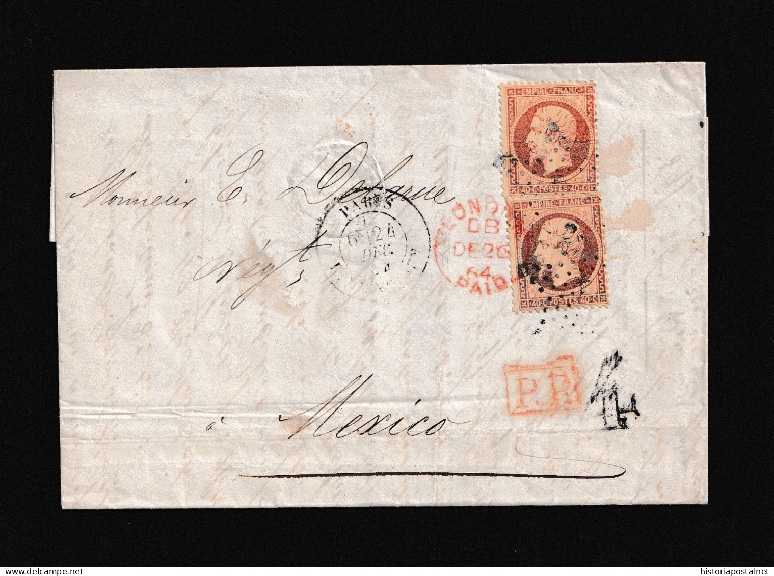 1864 (24 DIC) París A Mexico. Pareja De 40cts Naranja Mat Estrella De París. Y Marca “LONDON/ PAID”. - Mexico