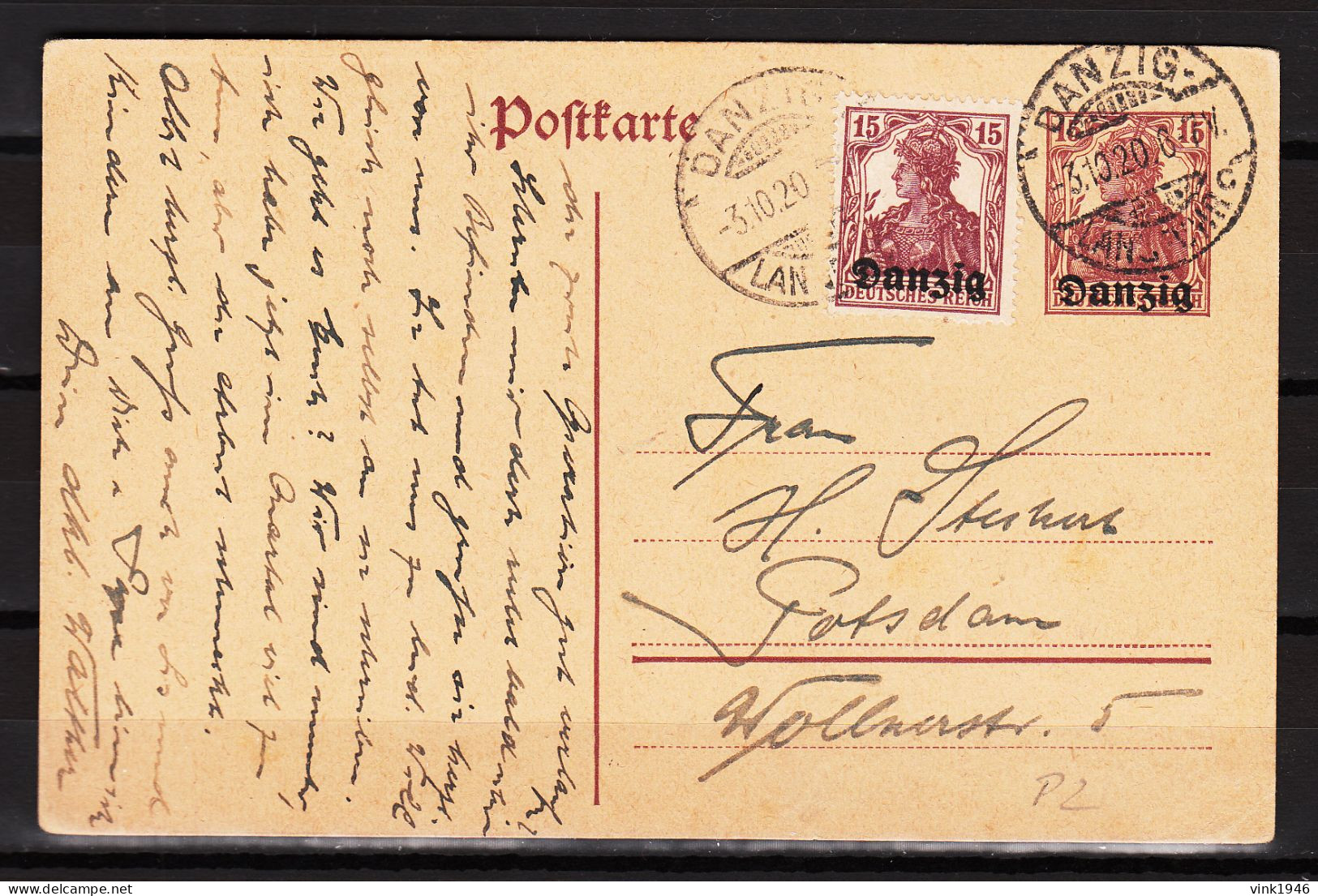 DANZIG 1920,Postkarte.15 Pf. Germania + 15 Pf Germania Gestempelt DANZIG 3.10.20.(D3764) - Ganzsachen