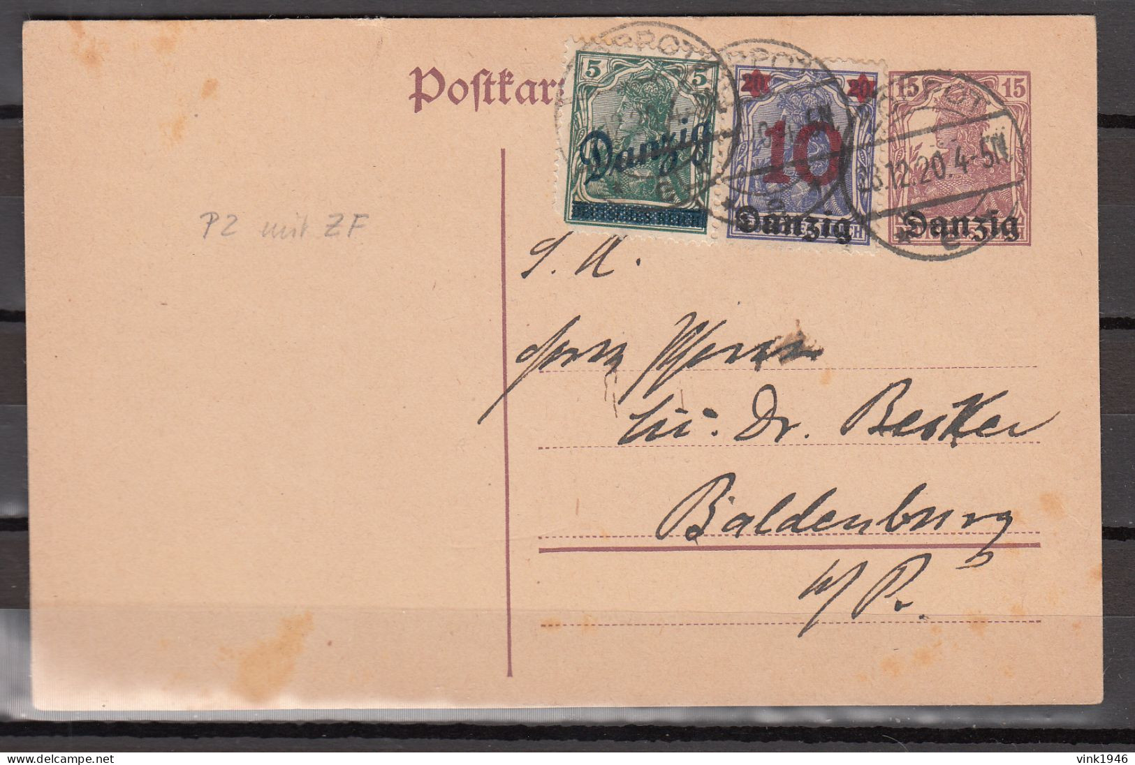 DANZIG 1920,Postkarte.15 Pf. Germania + Mi 21+M17 Gestempelt ZOPPOT 23.12.20.(D3765) - Ganzsachen