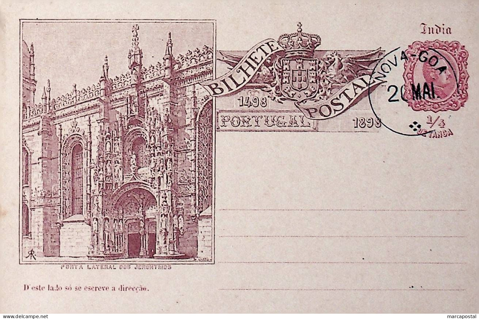 1898 India Portuguesa Inteiro Postal / Postal Stationary Caminho Marítímo Para A India 1/4 Tanga - Portuguese India