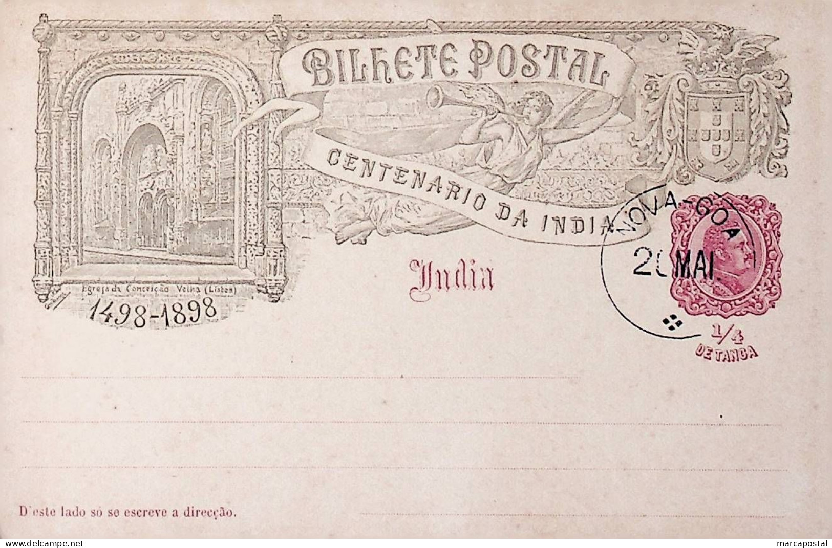 1898 India Portuguesa Inteiro Postal / Postal Stationary Caminho Marítímo para a India 1/4 Tanga