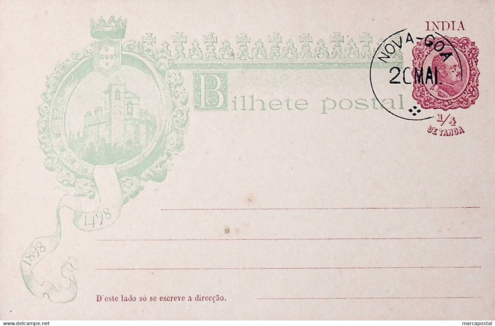 1898 India Portuguesa Inteiro Postal / Postal Stationary Caminho Marítímo para a India 1/4 Tanga