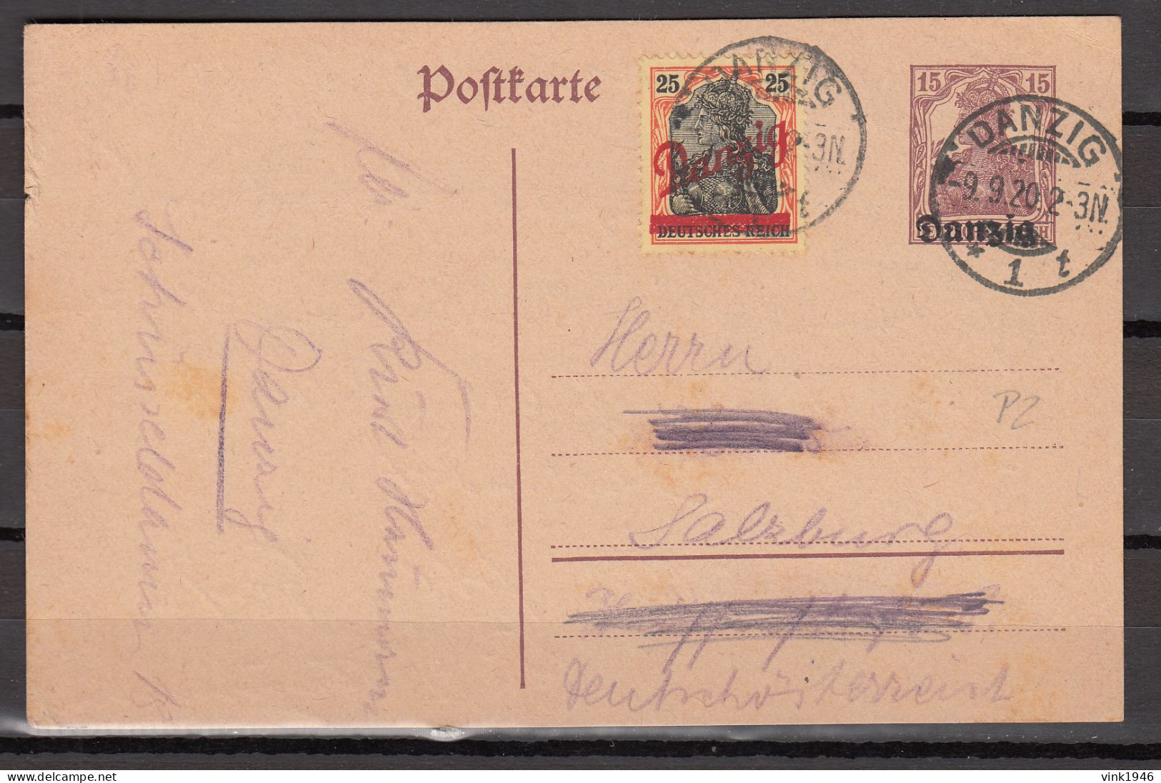 DANZIG 1920,Postkarte.15 Pf. Germania + Mi 24 Gestempelt DANZIG 9.9.20.(D3766) - Postal  Stationery