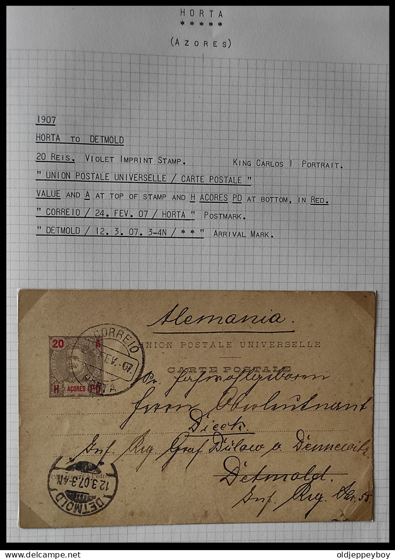 1907 PORTUGAL AZORES AÇORES HORTA TO DETMOLD  GERMANY Stationery Card KING CARLOS I 20 Rs ROSE WITH POSTMARK SEE DETAILS - Horta