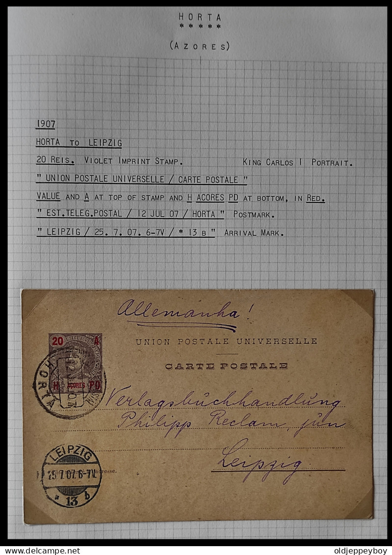 1907 PORTUGAL AZORES AÇORES HORTA TO LEIPZIG GERMANY Stationery Card KING CARLOS I 20 Rs CARMINE SEE DETAILS  RARE - Horta