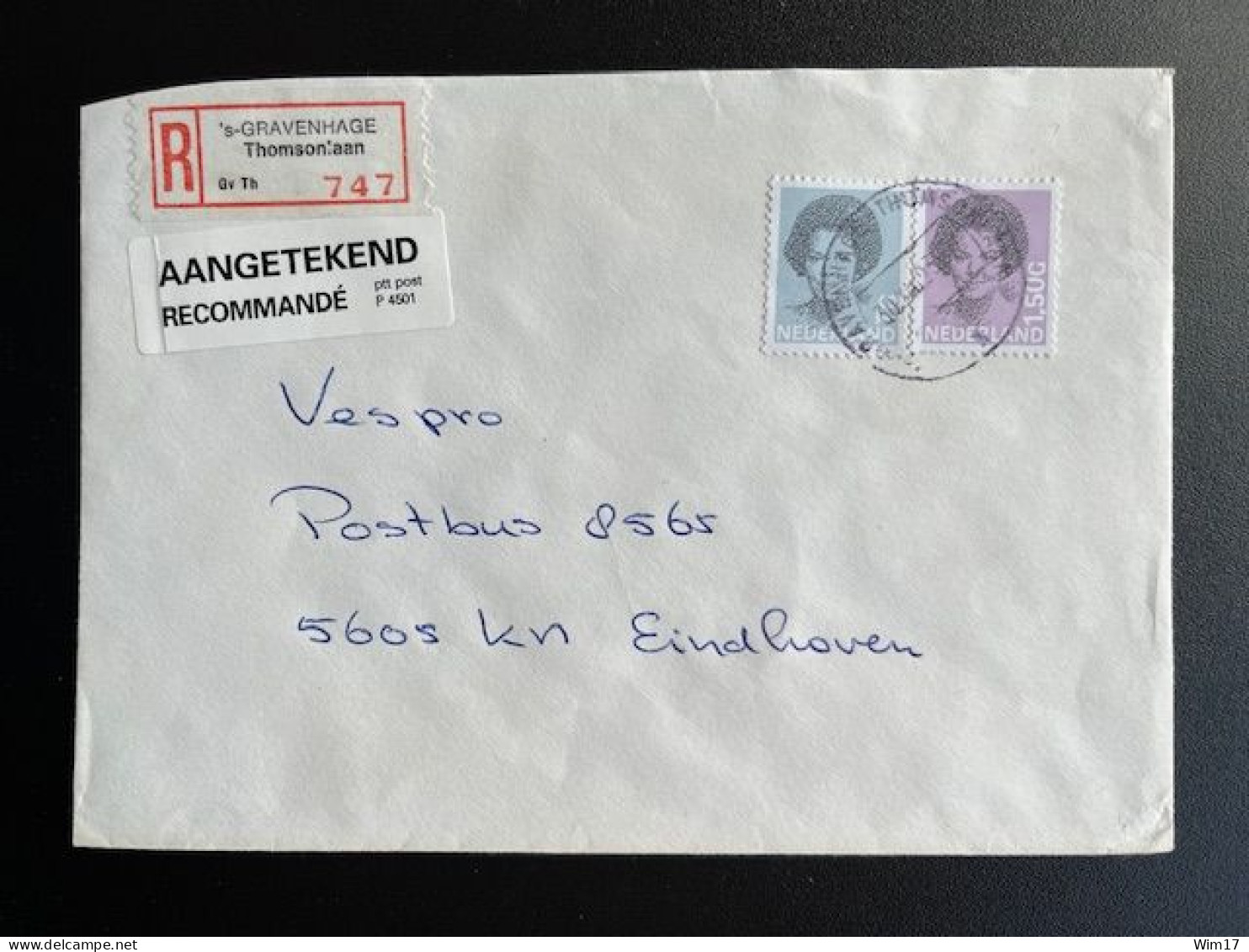 NETHERLANDS 1993 REGISTERED LETTER 'S GRAVENHAGE THOMSONLAAN TO EINDHOVEN 30-12-1993 NEDERLAND AANGETEKEND - Covers & Documents