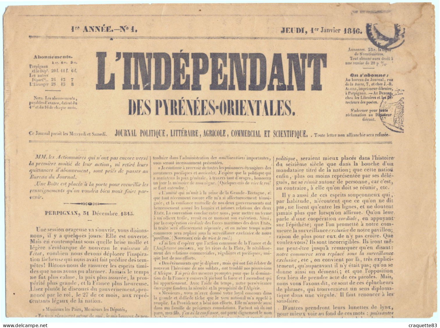 L'INDEPENDANT DES PYRENEES-ORIENTALES  1 ANNEE N°1  01/01/1846 - 1800 - 1849