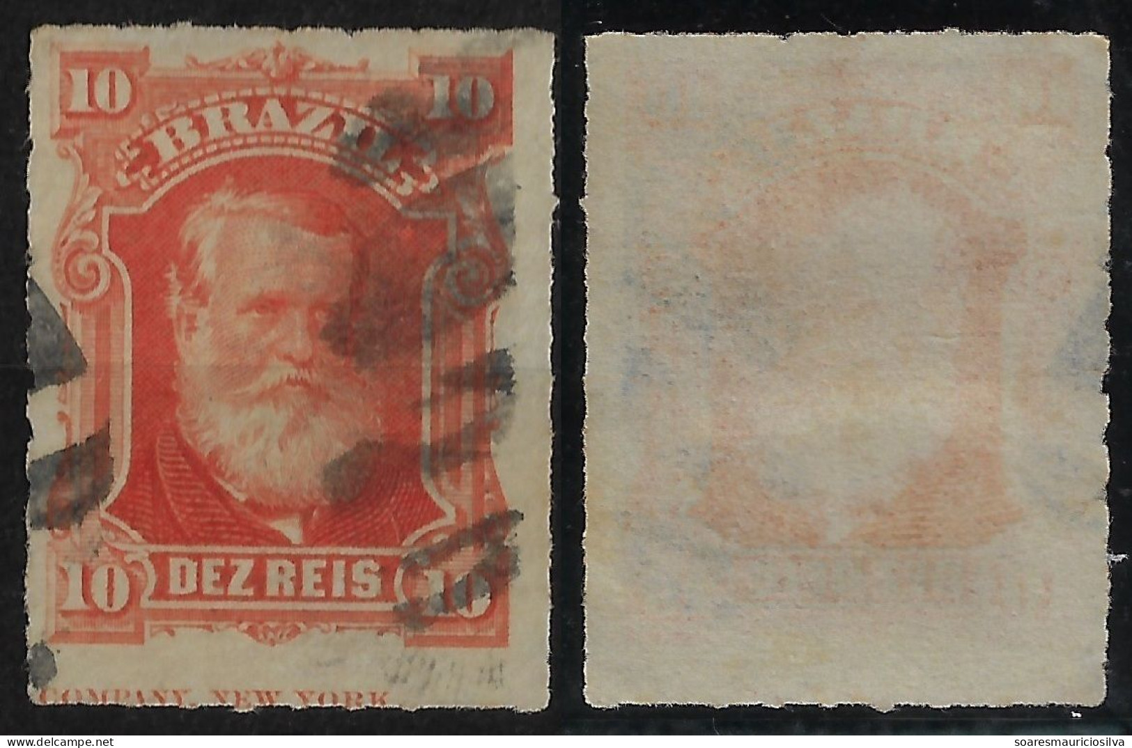 Brazil Year 1877 RHM-37L Stamp Emperor D. Pedro II 10 Réis Margin Inscription In English Used (Catalog US$125) - Gebruikt