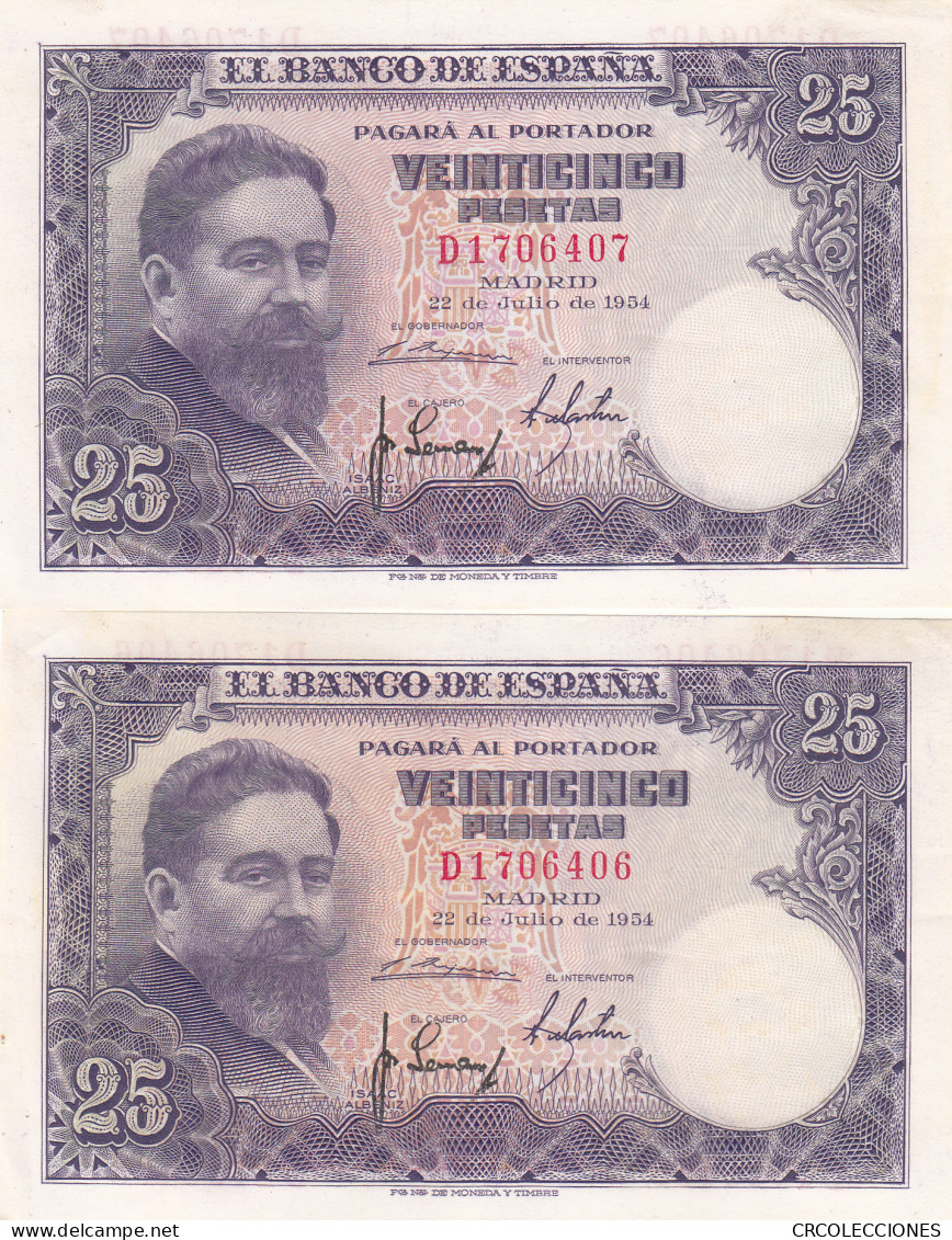 CRBS1070 PAREJA CORRELATIVA BILLETES ESPAÑA 25 PESETAS 1954 EBC+ - Altri & Non Classificati