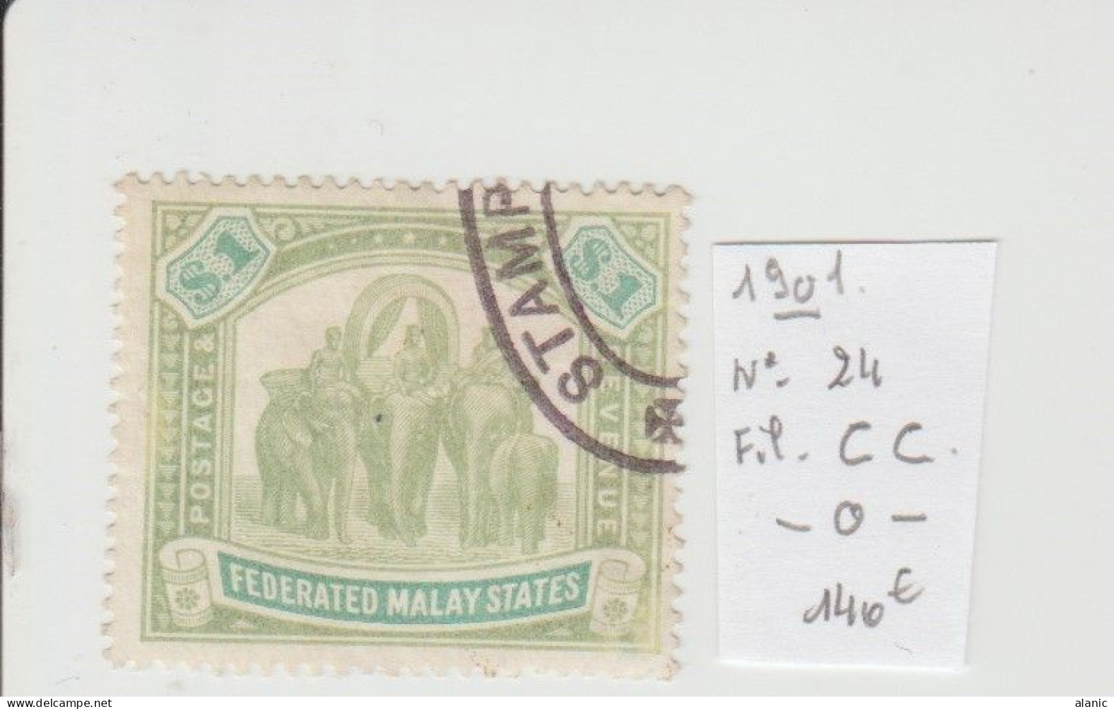 GRANDE BRETAGNE (Ex-cololies) - 1901 MALAISIE  - N° 23 - 1 D. Vert Et Vert-jaune -OBLITERE  (Eléphants) FIL :CC - Federated Malay States