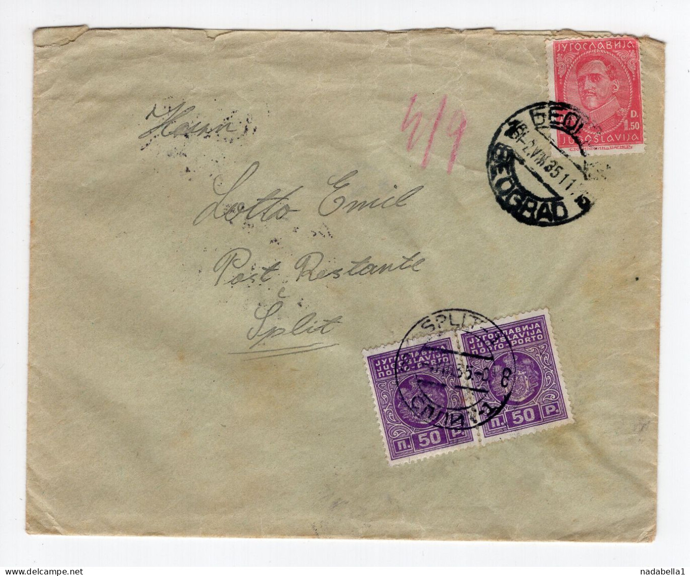 1935. KINGDOM OF YUGOSLAVIA,SERBIA,BELGRADE TO SPLIT COVER,2 X 50 PARA POSTAGE DUE IN SPLIT - Segnatasse