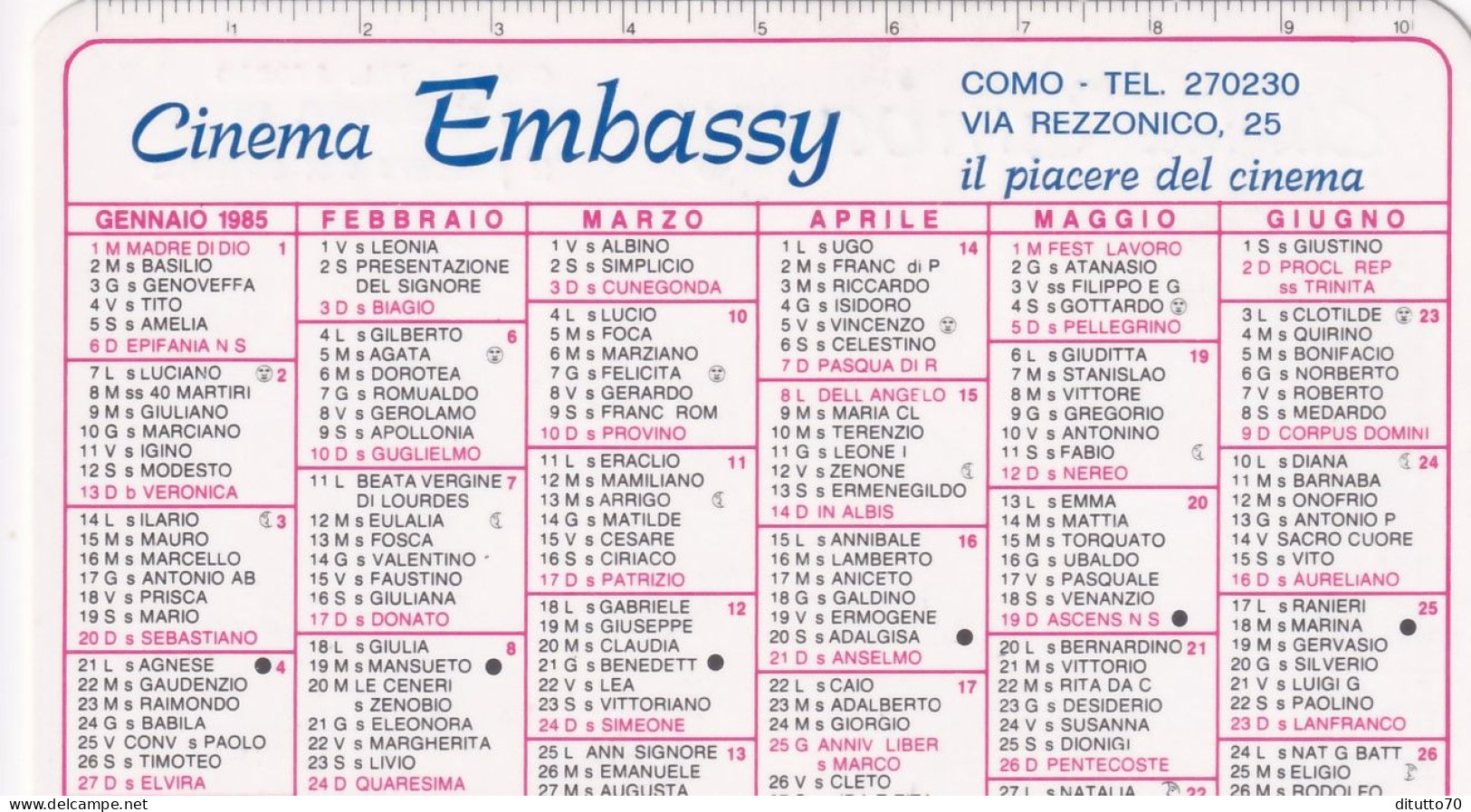 Calendarietto - Cinema Embassy - Como - Anno 1985 - Petit Format : 1981-90