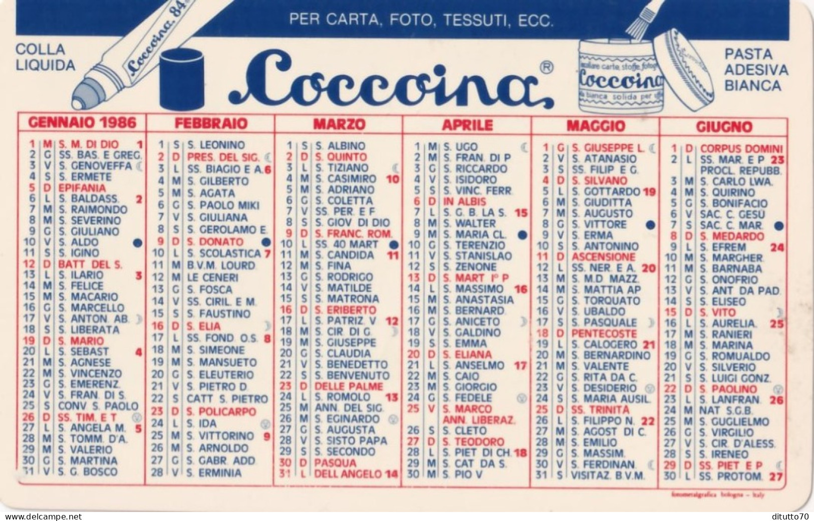 Calendarietto - Coccoina - Zenith - Voghera - Anno 1986 - Petit Format : 1981-90