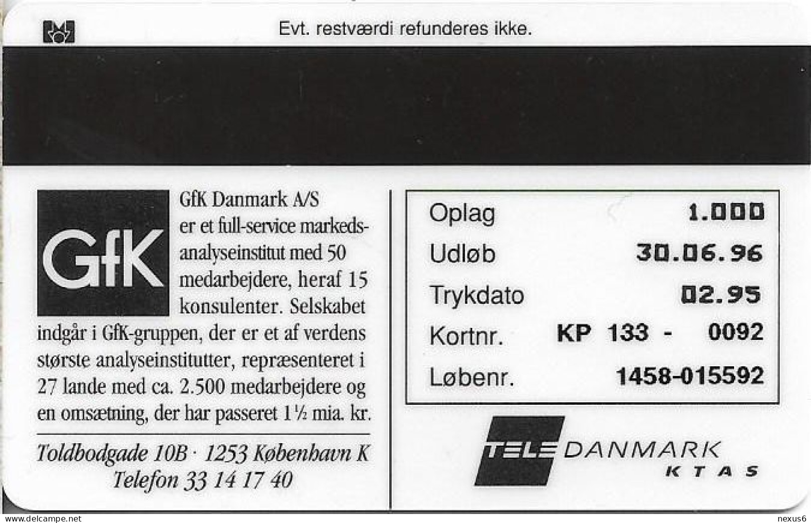 Denmark - KTAS - Gfk Danmark - TDKP133A (Cn. 1458) - 02.1995, 1.000ex, 10kr, Used - Denemarken