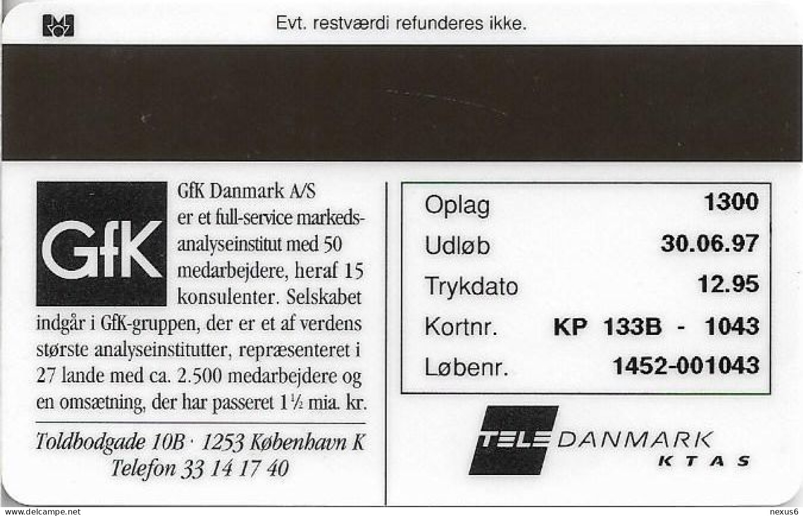 Denmark - KTAS - Gfk Danmark - TDKP133B (Cn. 1452) - 12.1995, 1.300ex, 10kr, Used - Denmark