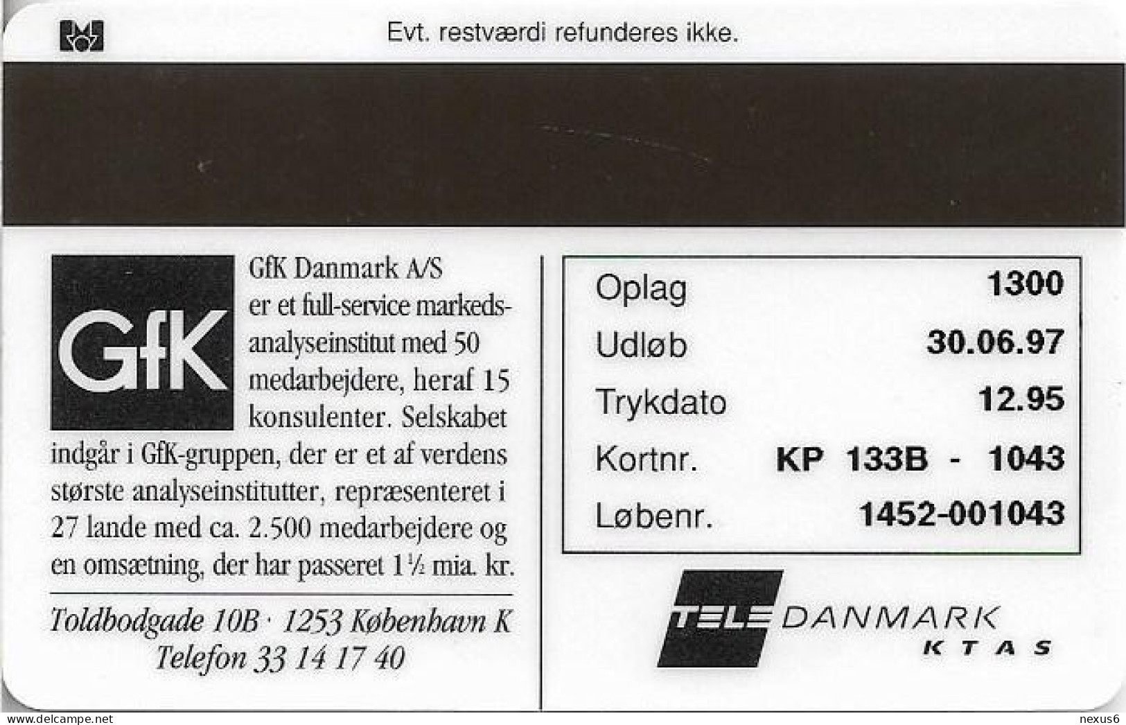 Denmark - KTAS - Gfk Danmark - TDKP133B (Cn. 1452) - 12.1995, 1.300ex, 10kr, Used - Danimarca