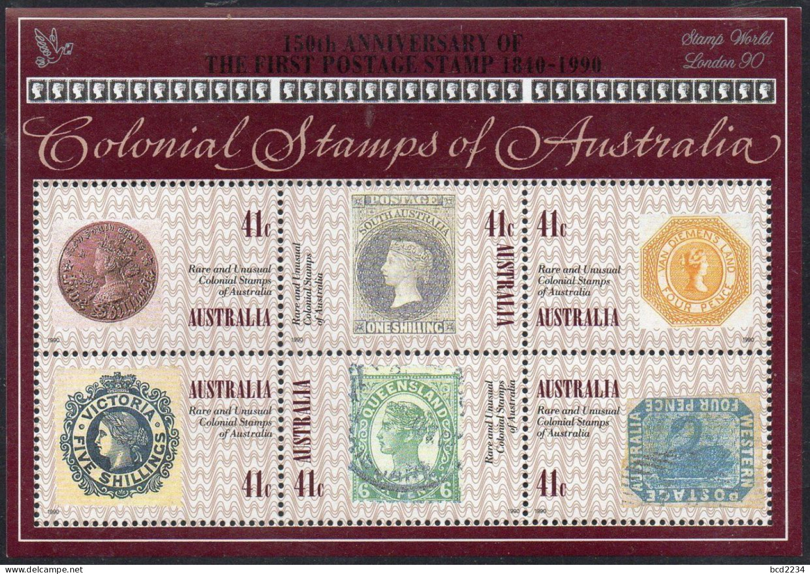 AUSTRALIA 1990 RARE & UNUSUAL COLONIAL STAMPS X5 + SILVER STAMP WORLD LONDON 90 OVERPRINT SG MS1253 Mi BL 10 MNH - Briefmarken Auf Briefmarken