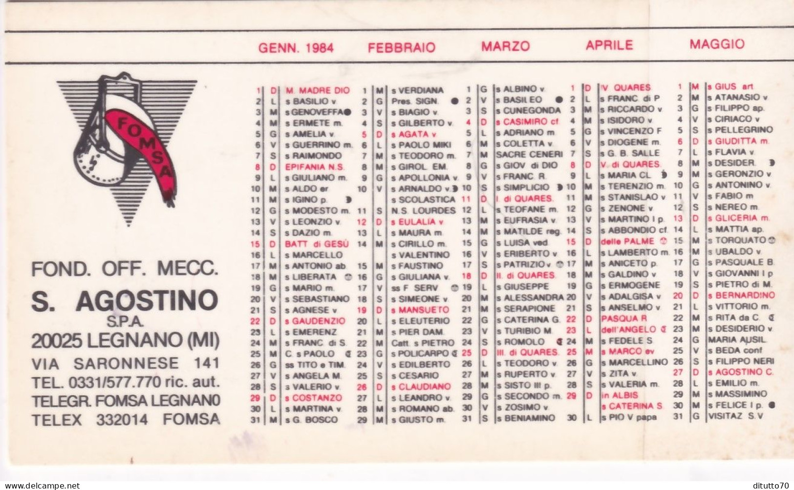 Calendarietto - Fomsa - Legnano - Milano - Anno 1984 - Small : 1981-90