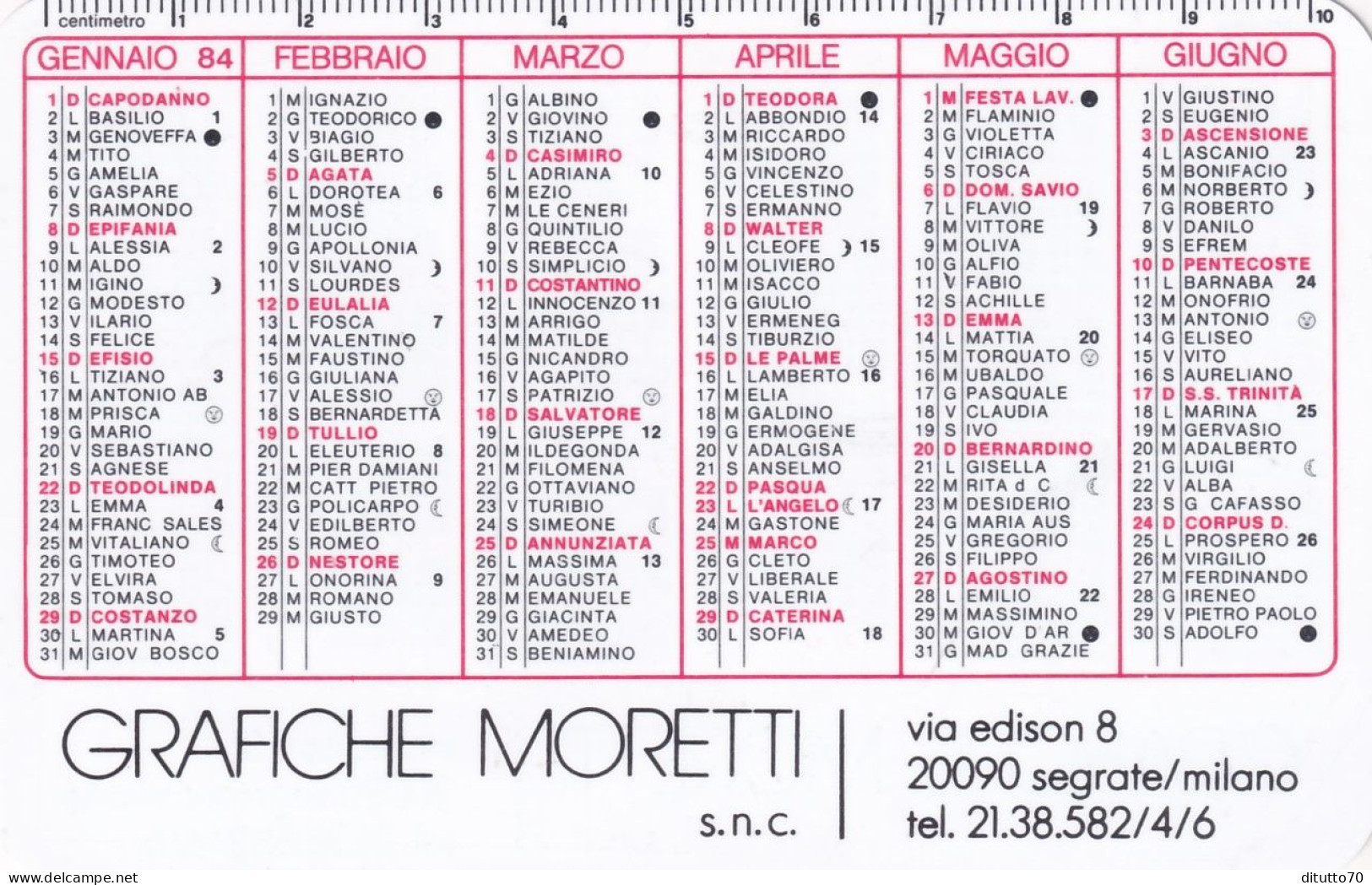 Calendarietto - Grafiche Moretti - Segrate - Milano - Anno 1984 - Small : 1981-90
