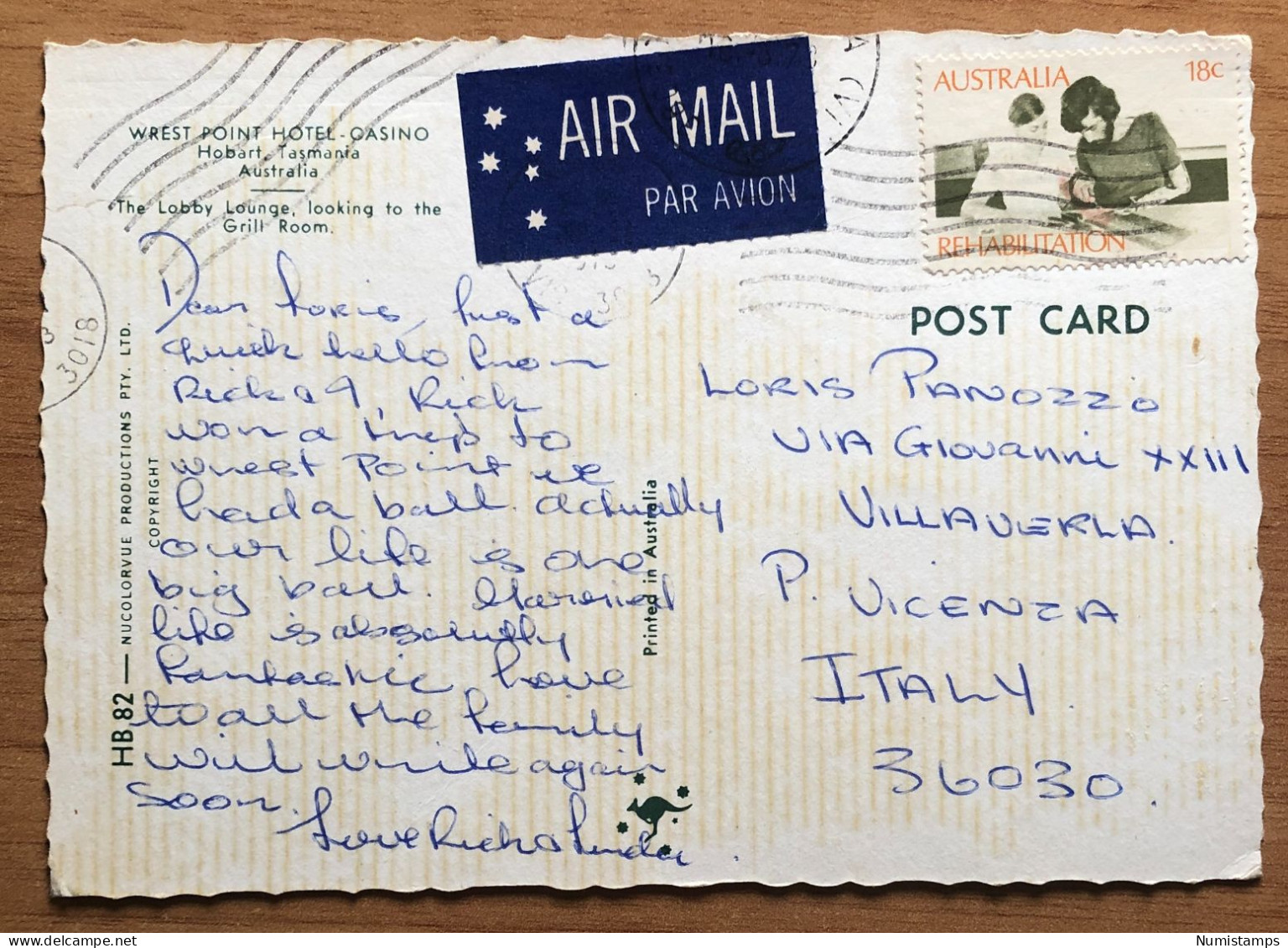 Australia Air Mail - WREST POINT HOTEL-CASINO Hobart, Tasmania Australia (c172) - Autres & Non Classés