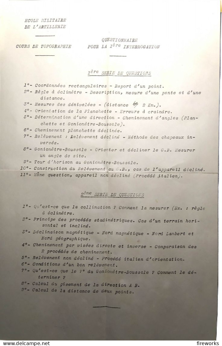 COURS DE TOPOGRAPHIE - ECOLE MILITAIRE ARTILLERIE 1920/1921 - QUESTIONNAIRE Pour La 1ère INTERROGATION - Autres & Non Classés