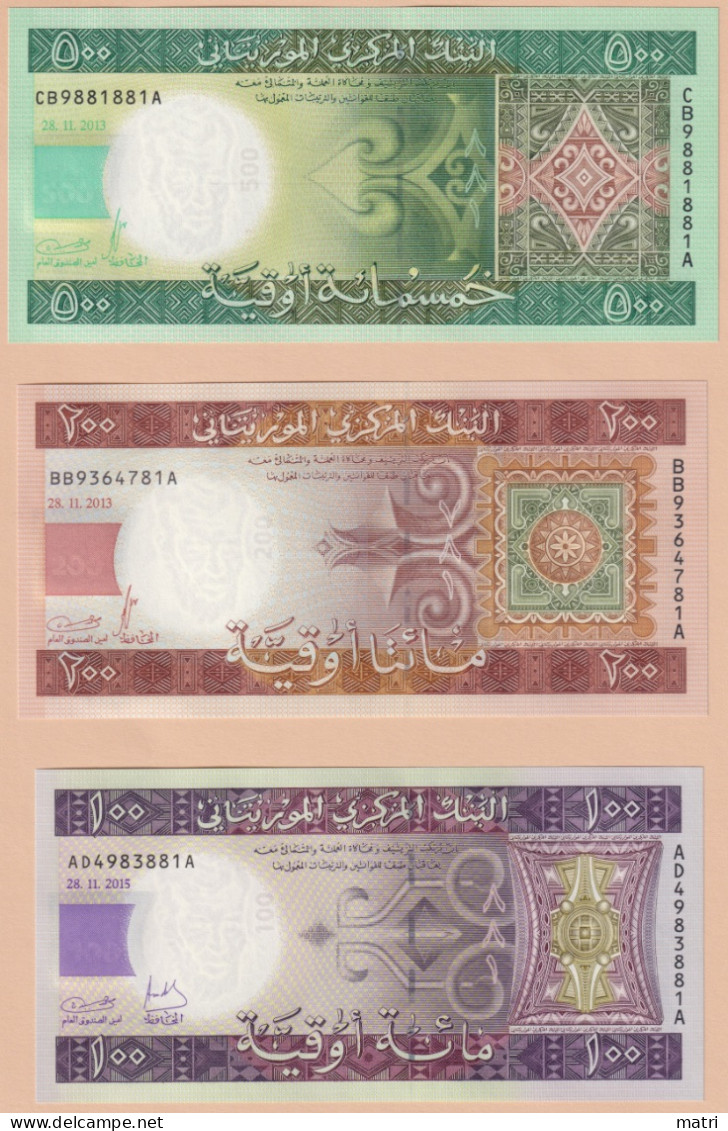 Mauritania Set Of 3 Banknotes: 100,200,500 Ouguiya 2013-2015 P-16, P-17, P-18 UNC - Mauritania