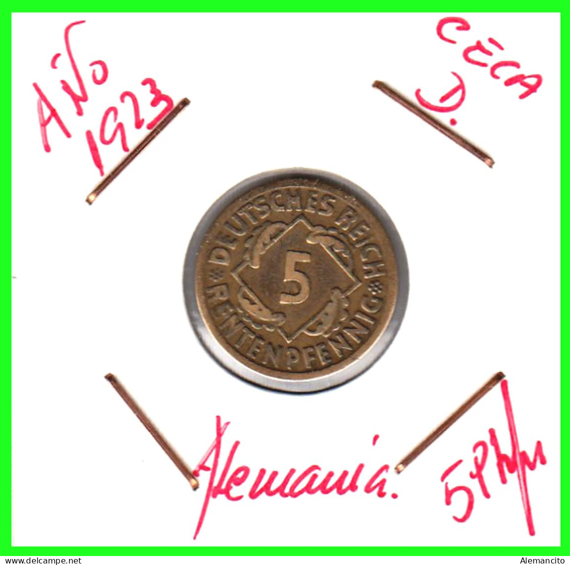 GERMANY REPÚBLICA DE WEIMAR 5 PFENNIG DE PENSIÓN (1923 CECA-D) MONEDA DEL AÑO 1923-1925 (RENTENPFENNIG KM # 32 - 5 Rentenpfennig & 5 Reichspfennig