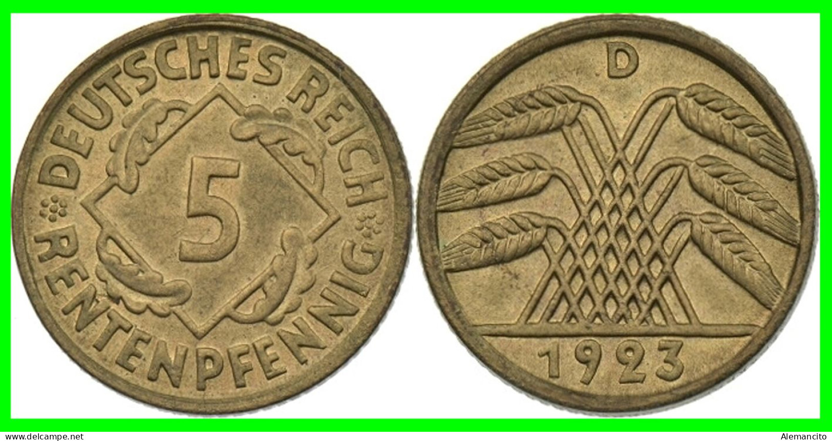 GERMANY REPÚBLICA DE WEIMAR 5 PFENNIG DE PENSIÓN (1923 CECA-D) MONEDA DEL AÑO 1923-1925 (RENTENPFENNIG KM # 32 - 5 Rentenpfennig & 5 Reichspfennig