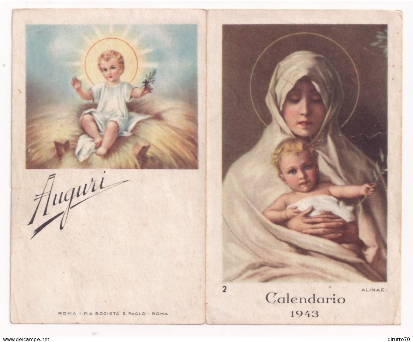 Calendarietto - Madonna Col Bambino - Alimari - Anno 1943 - Petit Format : 1941-60