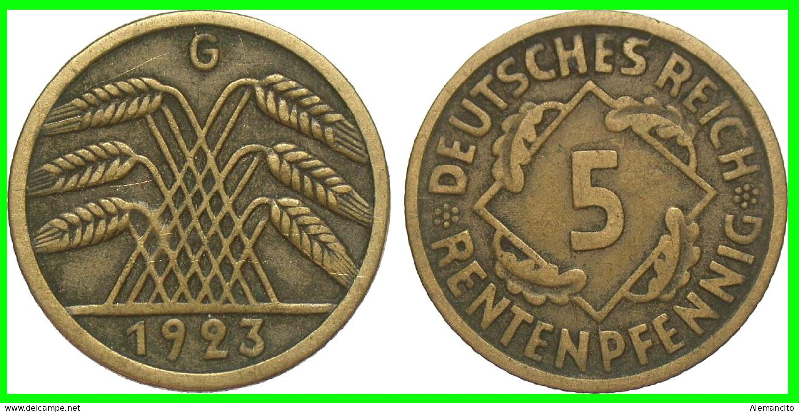 GERMANY REPÚBLICA DE WEIMAR 5 PFENNIG DE PENSIÓN (1923 CECA-G) MONEDA DEL AÑO 1923-1925 (RENTENPFENNIG KM # 32 - 5 Renten- & 5 Reichspfennig