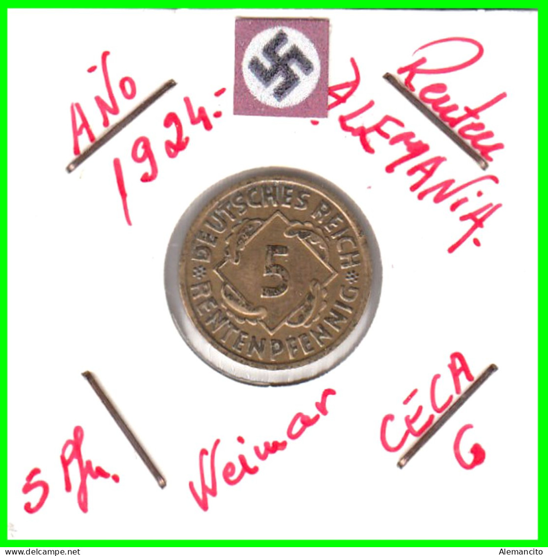 GERMANY REPÚBLICA DE WEIMAR 5 PFENNIG DE PENSIÓN (1924 CECA-J) MONEDA DEL AÑO 1923-1925 (RENTENPFENNIG KM # 32 - 5 Renten- & 5 Reichspfennig