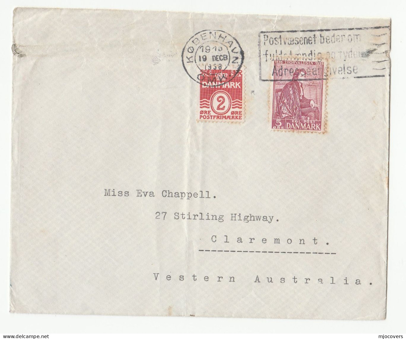 1938 DENMARK To WESTERN AUSTRALIA Cover Stamps Thoraldsen Sculptor - Covers & Documents